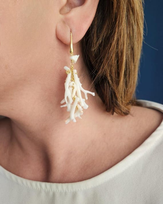 Boucles D'oreilles Anciennes Corail Et Perle Fine - Plaqué Or Et Tige Argent 925 - Vintage Chic