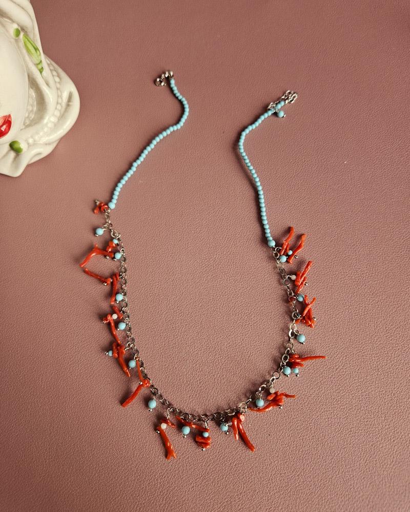 ターコイズと天然赤珊瑚の925シルバーネックレス - Etsy 日本