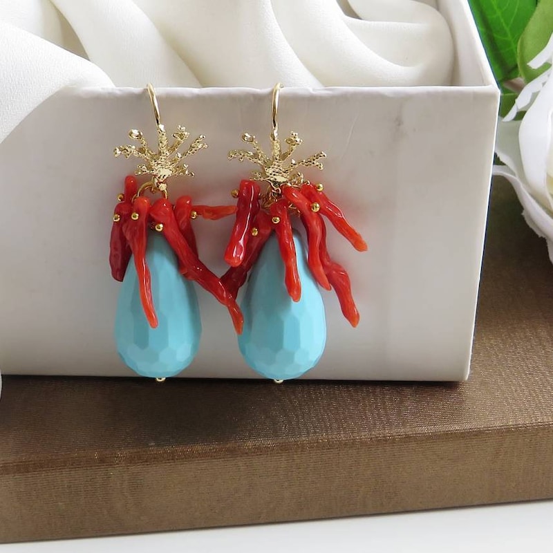 Coral and Turquoise Geometric Drop Earrings