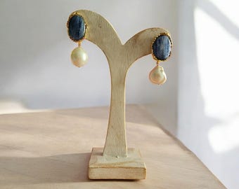 Drop earrings with blue Cianite stones and Baroque Pearls