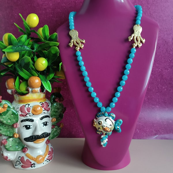 Sicilian necklace with angelite stones and Sicily Ceramic fish