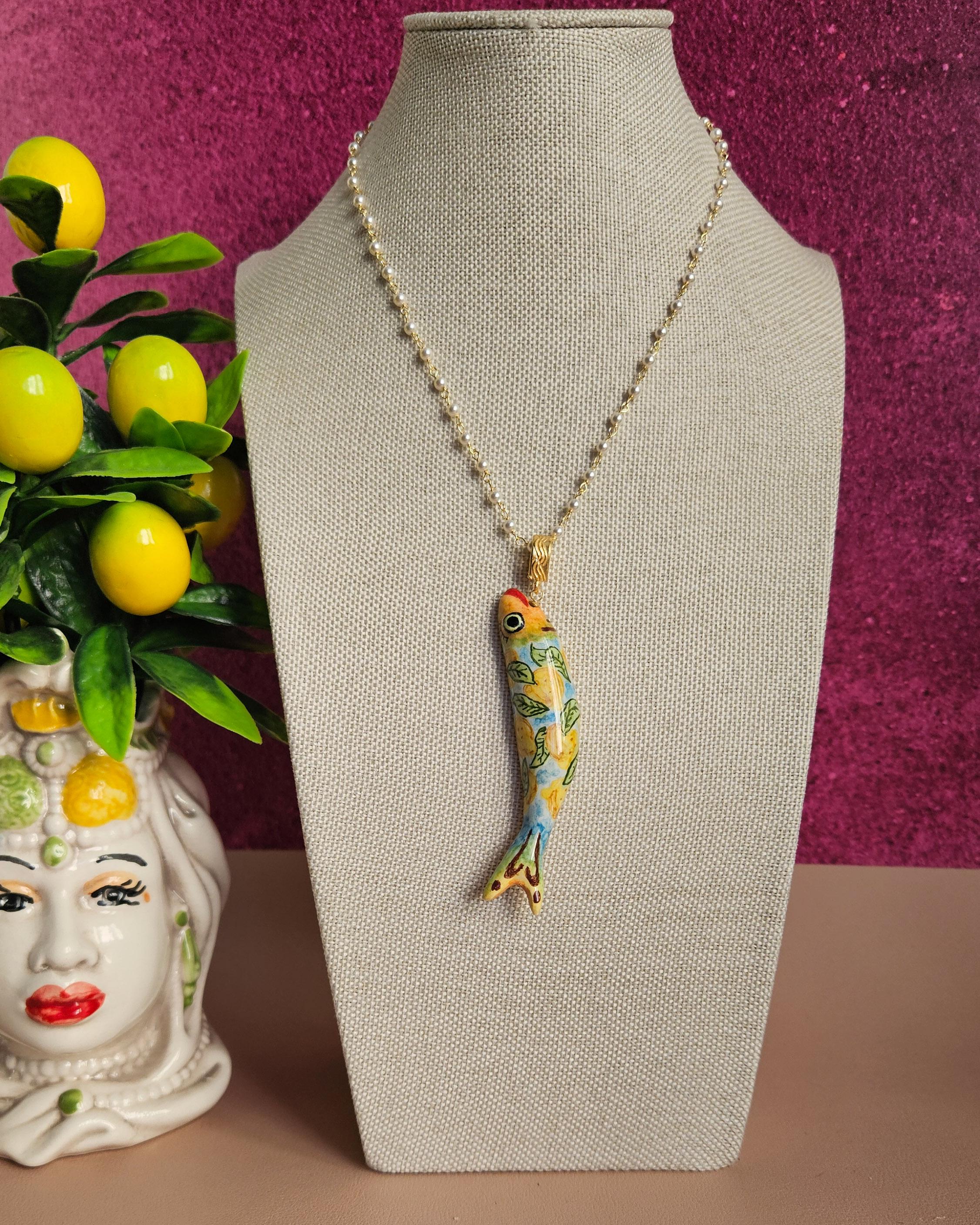 Rosary Chain Necklace With Sicily Ceramic Fish - Etsy