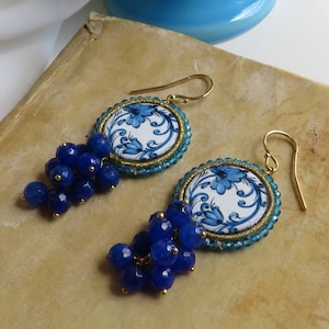 Sicilian Tile Earrings with blue cluster