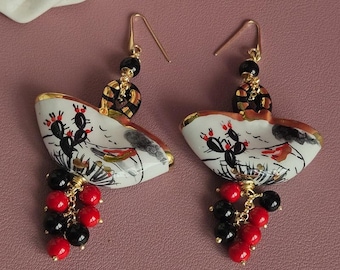 Boucles D'oreilles Pendantes En Onyx Noir Et Argent 925 Plaqué Or - Fermoir Monachella, Neuf Sans Boîte