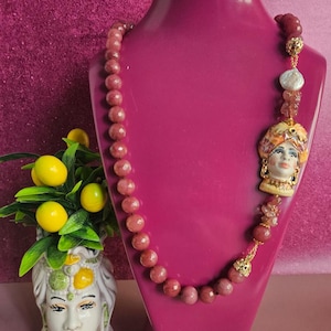 Sicilian necklace with rose stones and ceramic moor head