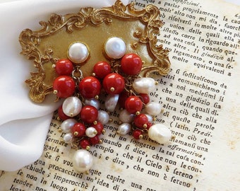 Long Cluster Earrings with Pearls and Red Coral Paste Stones