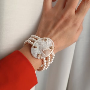 Three Strand Bracelet with Pearls and Shell Cameo