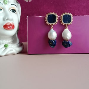Pearl drop earrings with Lapis stones