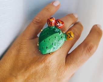Sicilian Ring with Ceramic Prickly Pear