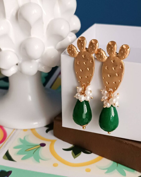 Boucles D'oreilles Pendantes Goutte En Forme De Cactus - Perles Vertes - Neuf Avec étiquettes