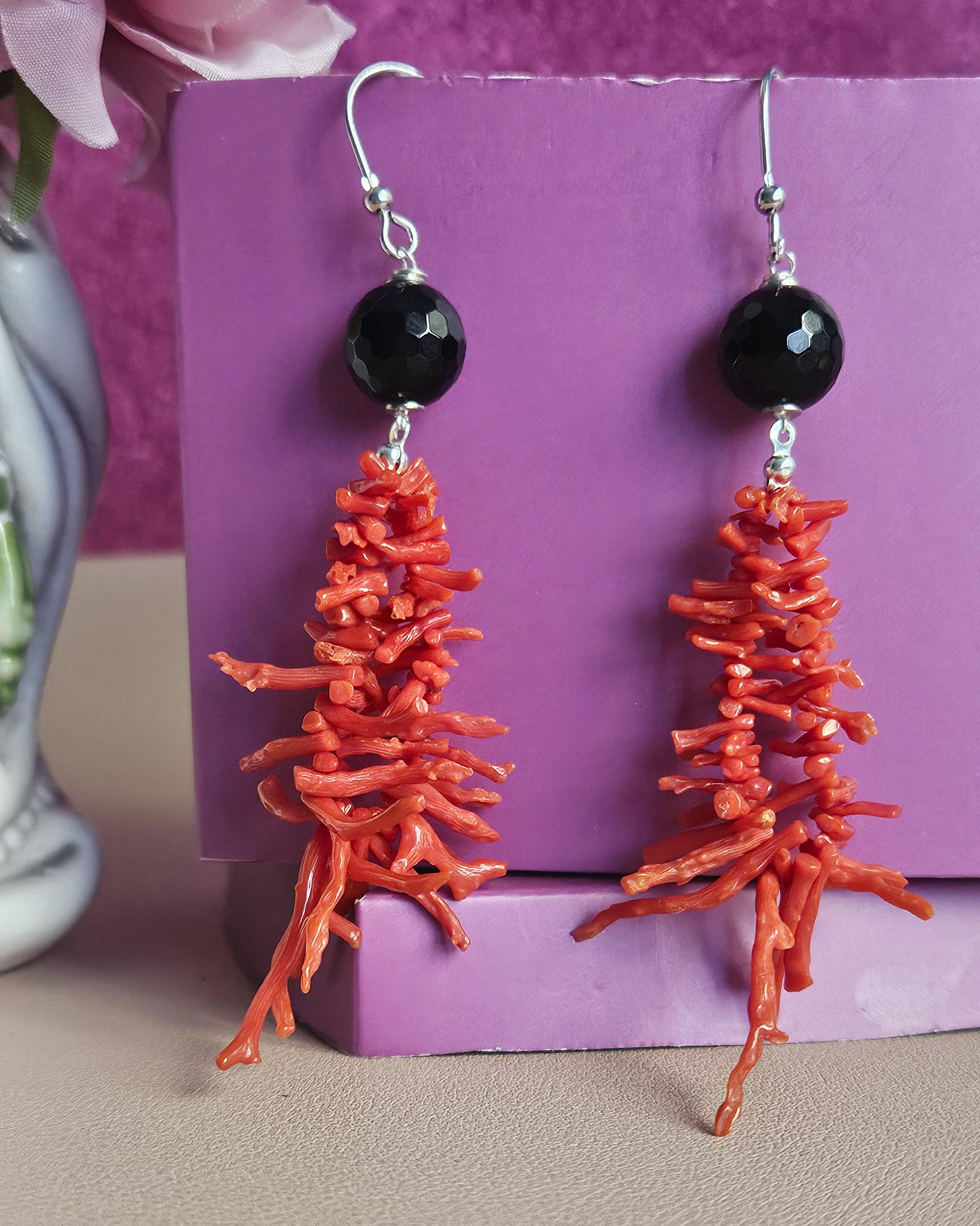 Boucles D'oreilles Pendentifs En Argent 925 Et Corail Rouge Naturel - Fait Main - Femme