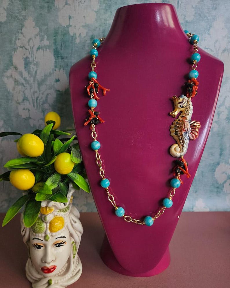 Long Chain Necklace With Light Blue Stones and Sicily Ceramic Seahorse ...