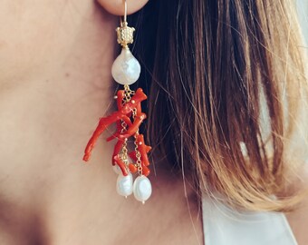 Boucles D’oreilles Artisanal Argent & Corail Naturel – Pendentif Grappe, Style Unique