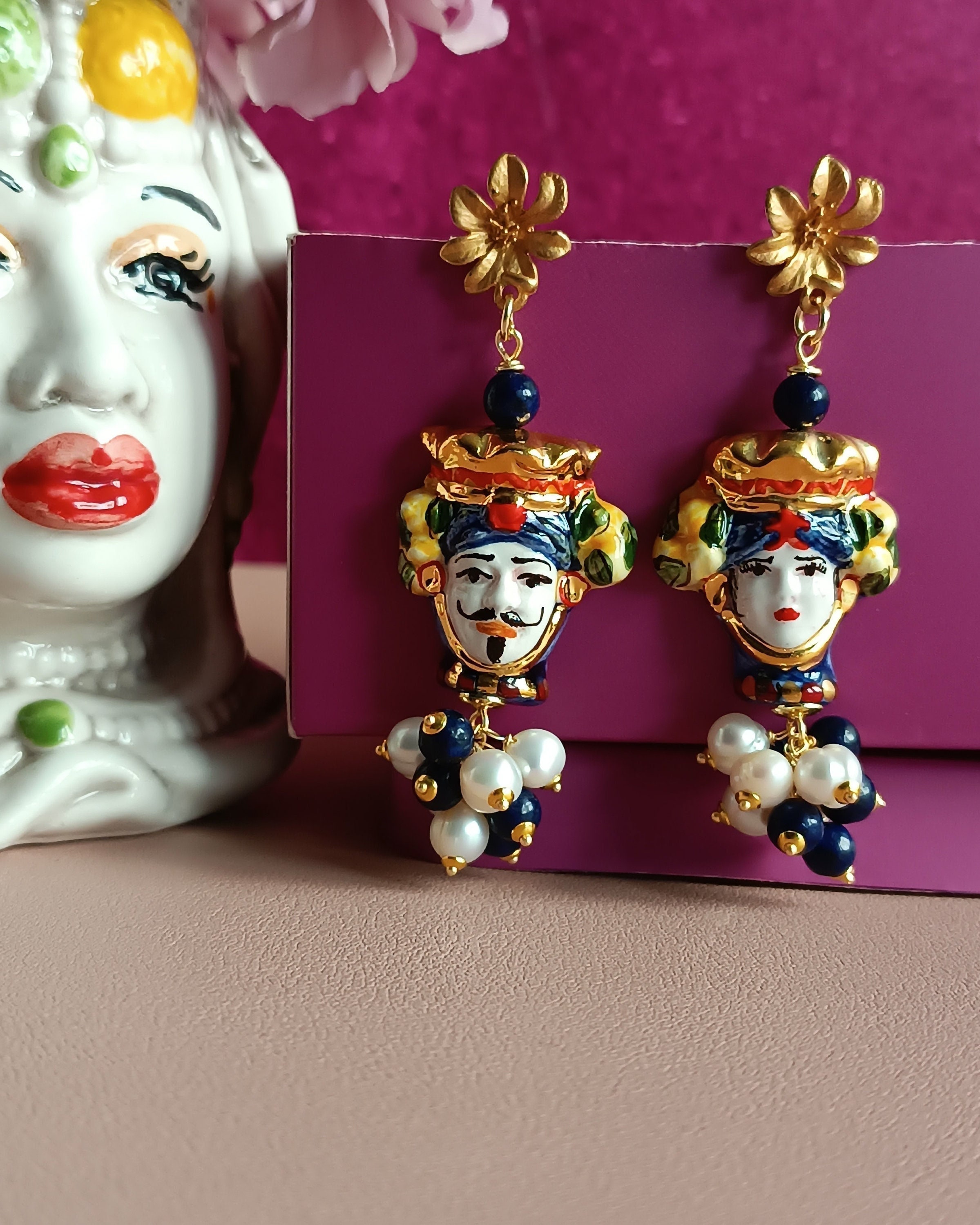 Sicilian Earrings With Ceramic Moors and Colourful Stones - Etsy