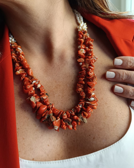 Collier Perle En Corail Naturel Rose-orange De Méditerranée - Neuf Sans Emballage