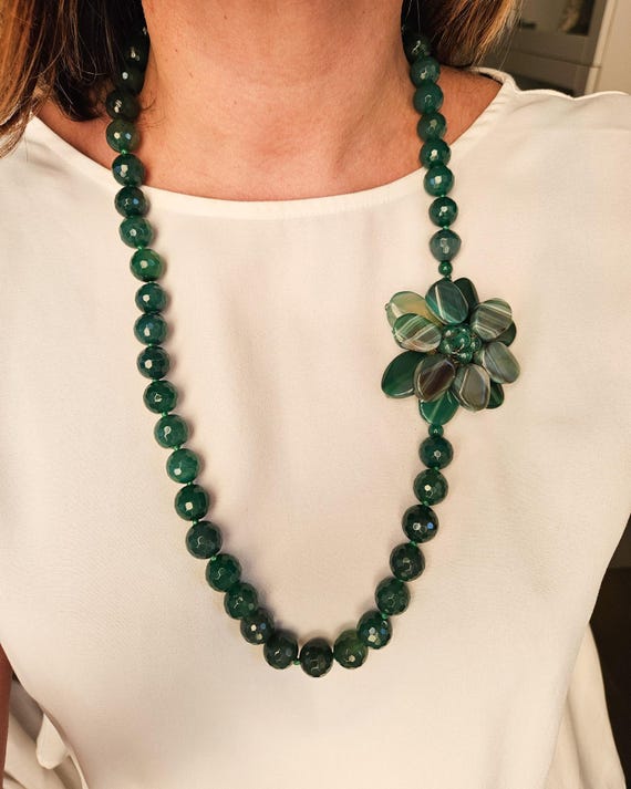 Girocollo Artigianale In Argento 925 Con Agata Verde – Gioiello Fiore Fatto A Mano In Sardegna