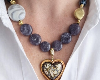 Sicilian necklace in natural stones and Sicily ceramic heart