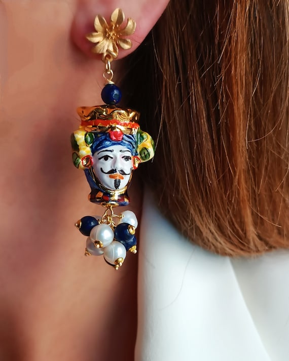 Sicilian Earrings With Ceramic Moors and Colourful Stones - Etsy