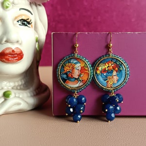 Sicilian Tile Earrings with blue cluster