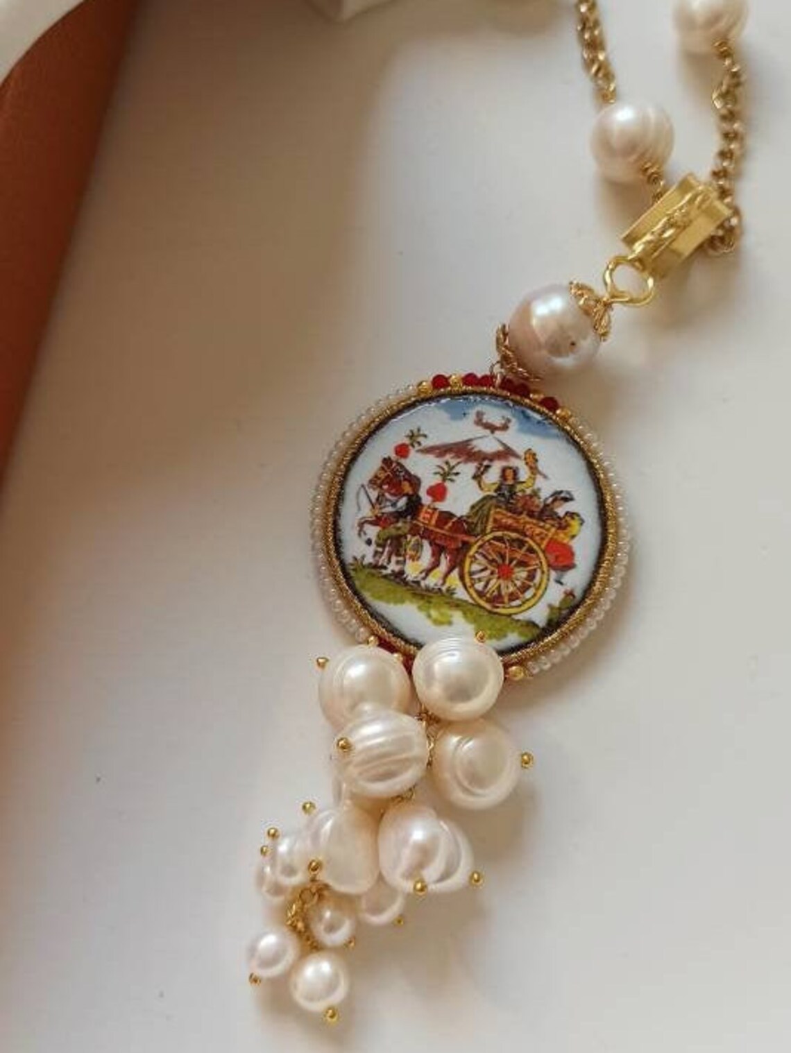 Long Necklace With Gold Chain, Pearls and Sicily Ceramic Tile - Etsy