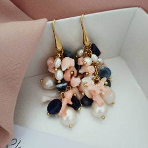 Long Cluster earrings with natural gemstones image 1