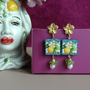 Sicilan tile earrings with Pearls and Peridot