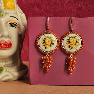 Sicilian earrings with Sicily Ceramic Tile and red Coral cluster