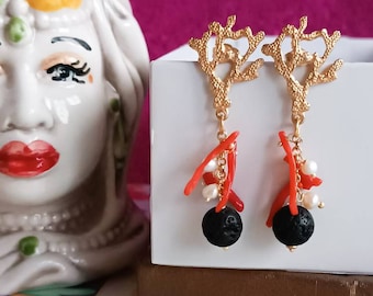 Baroque style earrings with red Coral and Lava rocks