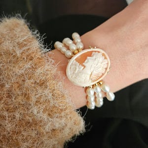 Three Strand Bracelet with Pearls and Shell Cameo