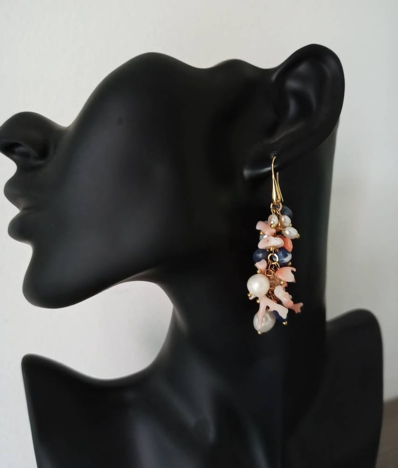 Long Cluster earrings with natural gemstones image 3