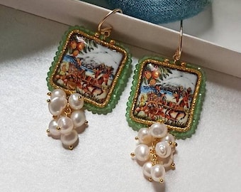 Baroque style Tile Earrings with Pearl cluster