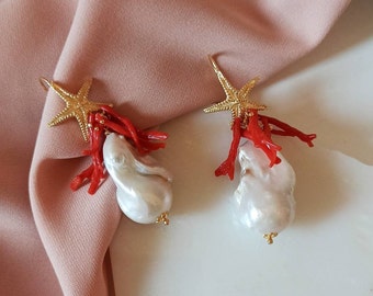 Pendientes Drop con Perlas Barrocas y Coral Rojo Natural