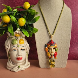 Rope necklace with Sicily Ceramic Moor Head and colourful stones