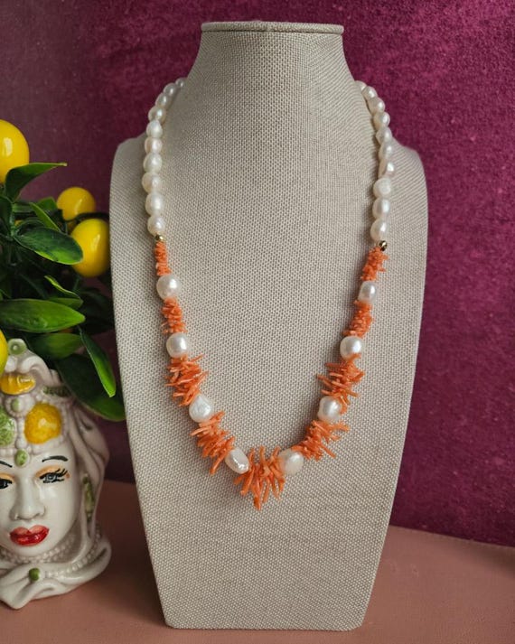 Collana Lunga 120cm In Perle D'Acqua Dolce E Corallo - Vero Ramo Rosa, Fatto A Mano