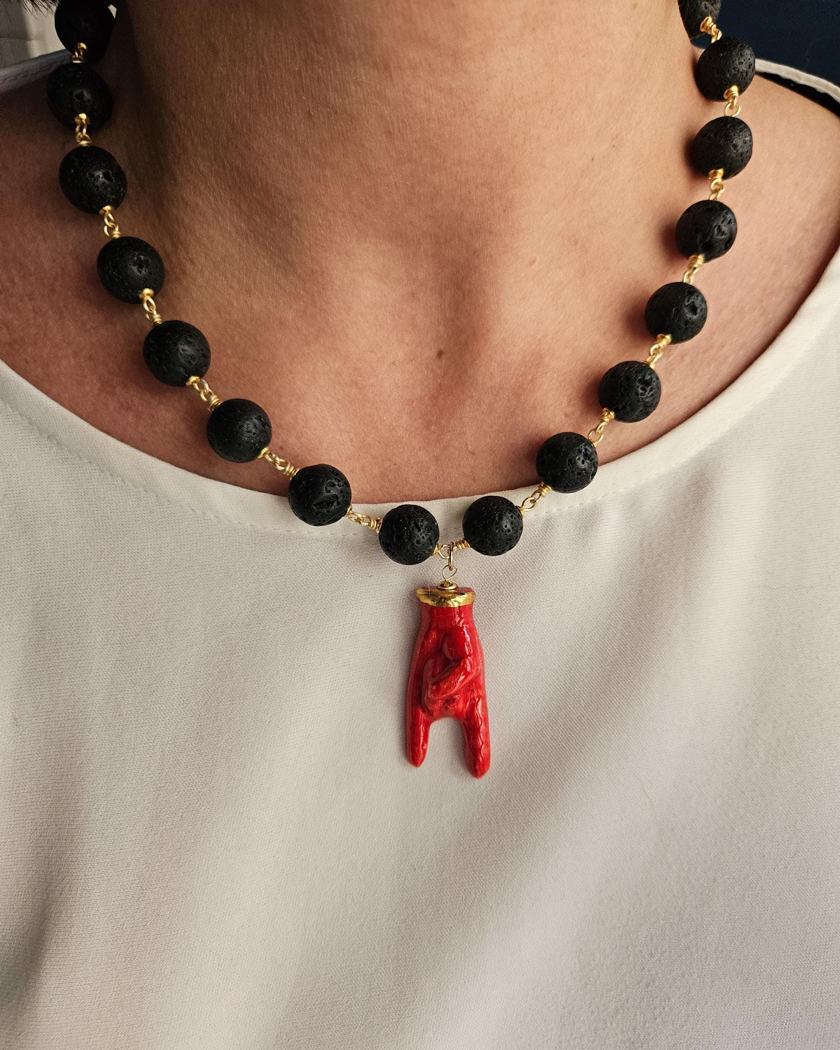 Rosary Chain Necklace With Lava Stones and Sicily Ceramic Horn Hand - Etsy
