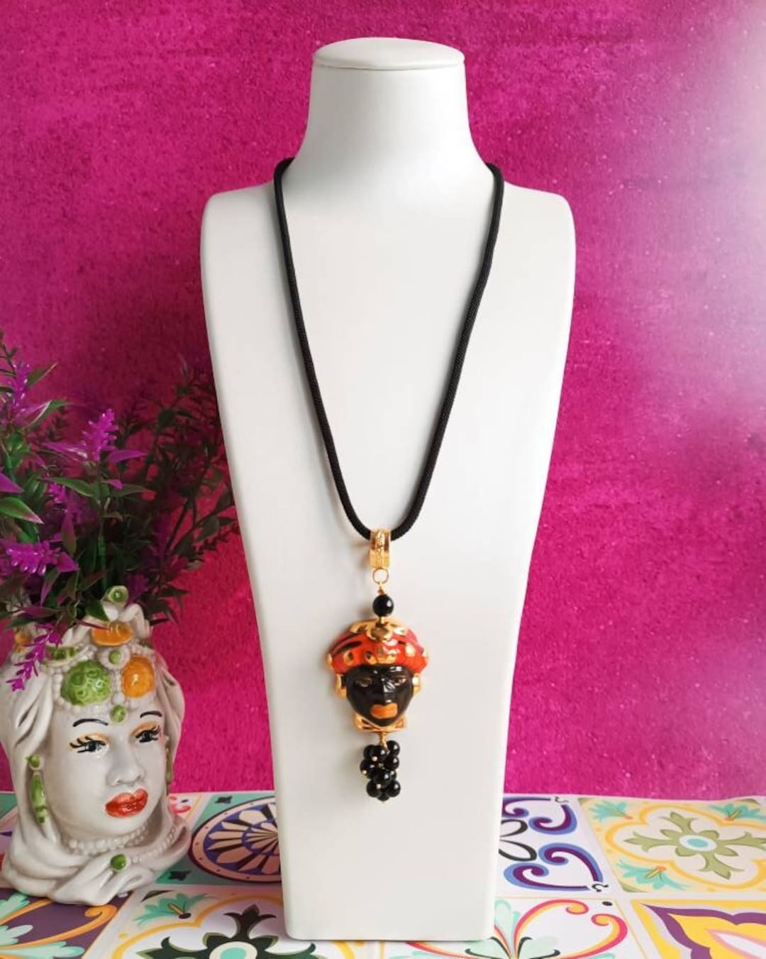 Avalaya Collana con cordini di seta marrone in ceramica e argilla