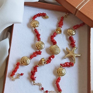Red Coral Bracelet with Gold plated 925 Silver Connectors