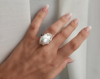 925 Sterling Silver Ring with Baroque Pearl