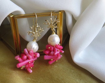 Rose Coral branches cluster earrings