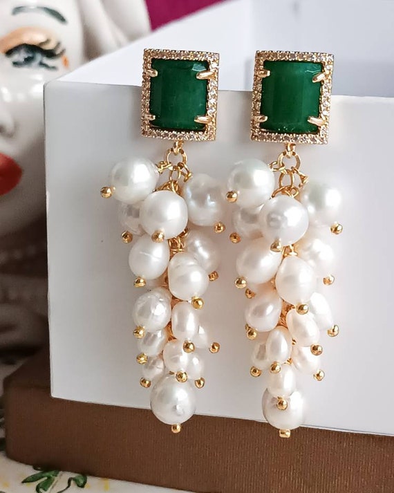 Green and pearl earrings best sale
