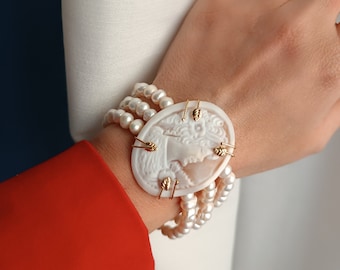 Three Strand Bracelet With Pearls and Shell Cameo
