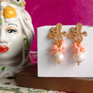 Octopus Earrings with Freshwater Pearls and rose bamboo coral