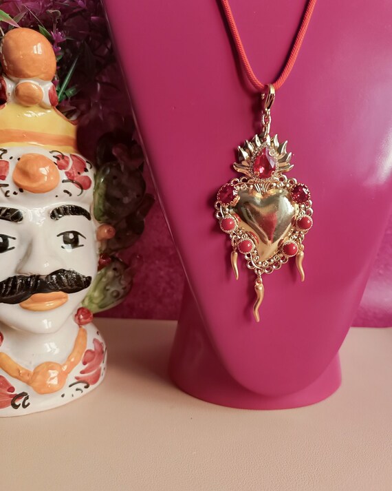 Red Rope Necklace With Sacred Heart Pendant Etsy
