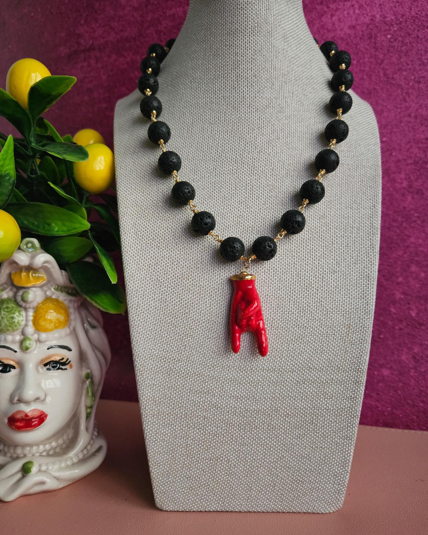 Rosary Chain Necklace With Lava Stones and Sicily Ceramic Horn Hand - Etsy