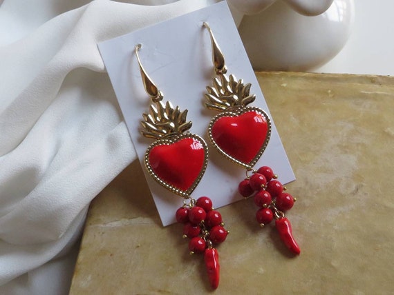 Sacred Heart Earrings Red Etsy