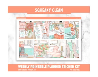 Pegatinas imprimibles para planificador semanal de limpieza, kit vertical de Erin Condren (descarga digital) Archivos de corte PNG