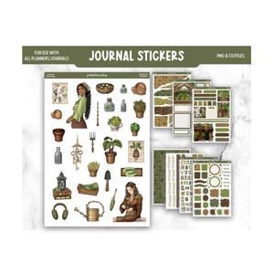 Puede incluir: Pegatinas de diario con temas botánicos y de fantasía. Las pegatinas incluyen ilustraciones de plantas, pociones y personajes. El texto de la imagen dice "Journal Stickers" y "For use with all planners/journals."