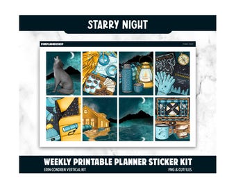 Starry Night Planner Stickers: Erin Condren Vertical Layout (PNG, Cut Files)