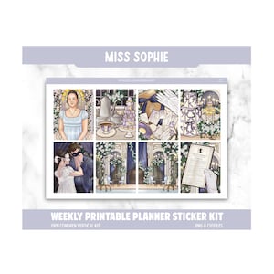 May include: A weekly printable planner sticker kit with the text "MISS SOPHIE" at the top. The kit features illustrations of a woman, tea sets, desserts, and masked figures. The text "WEEKLY PRINTABLE PLANNER STICKER KIT" is at the bottom.