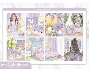 Bunny Planner Stickers: Erin Condren Vertical Layout (PNG, Cut Files)